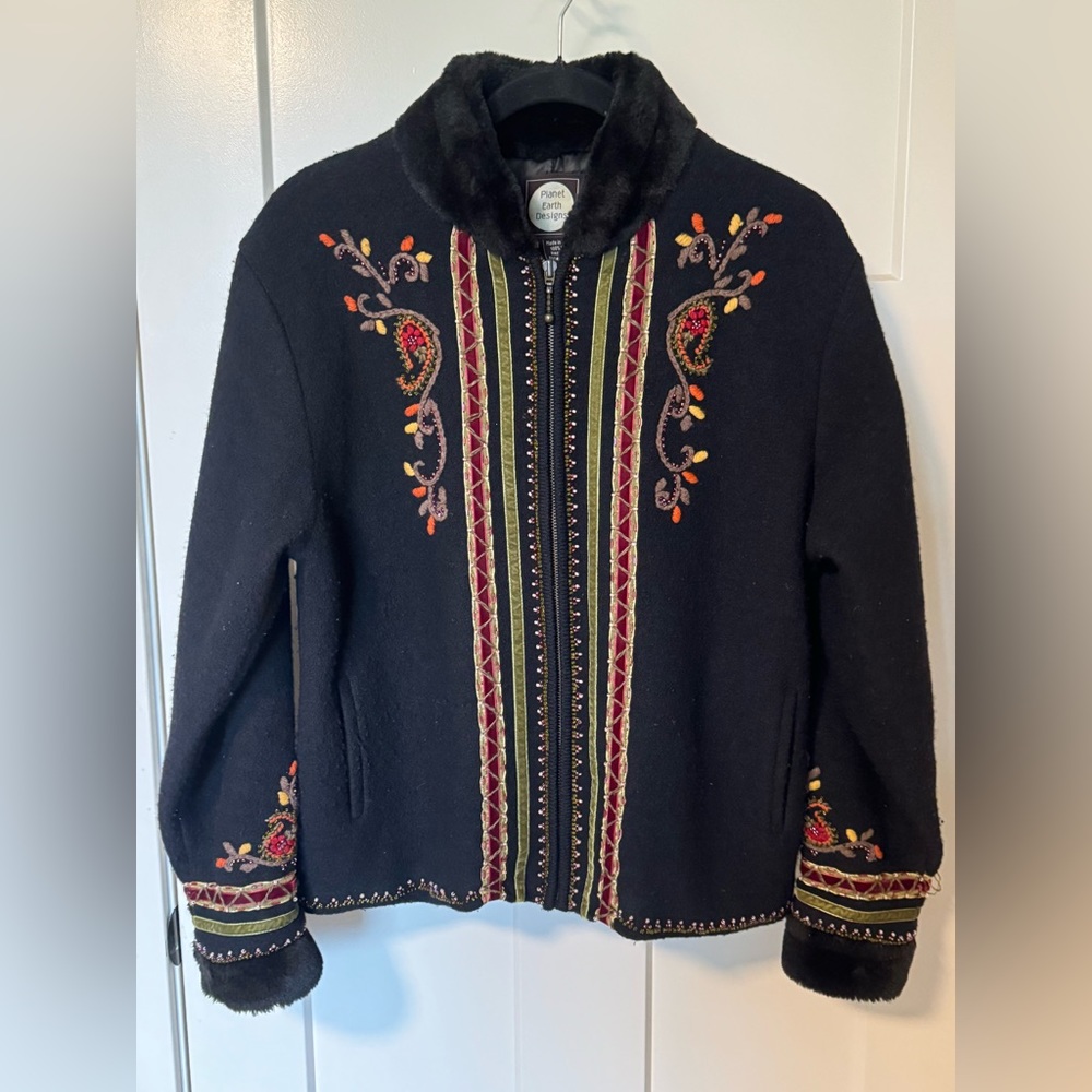 Planet Earth Designs Wool Embroidered Beaded Jacket Size Medium